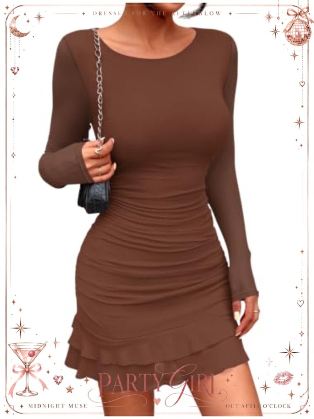 Women's Long Sleeve Bodycon Mini Dress with Sheer Mesh and Ruffle Hem